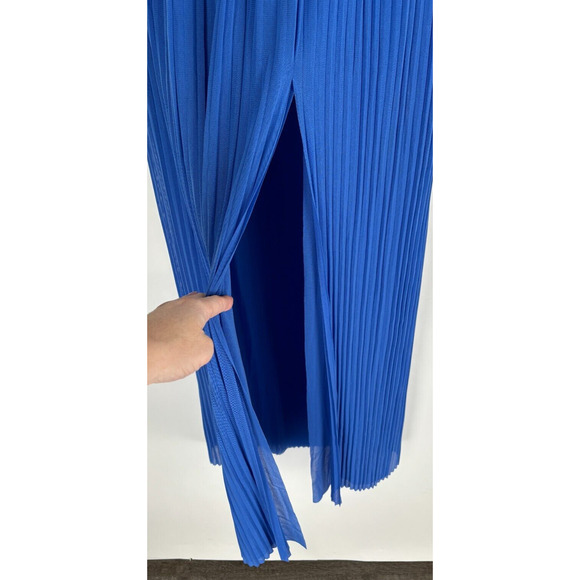 SHAN Womens Mia Pleated Mesh Maxi Skirt Royal Blue Front Slit Size 6 - Picture 6 of 11